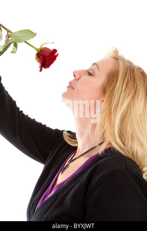 Donna odorare una rosa rossa in primo piano su sfondo bianco Foto Stock