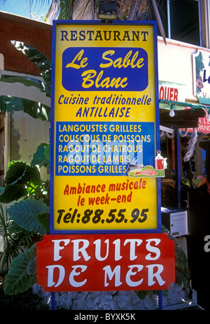 Lingua francese segno, menu, frutti de mer, Le Sable Blanc Restaurant, il cibo e le bevande Saint-Francois, Guadalupa, French West Indies, Francia Foto Stock