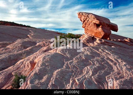 Un bilanciamento del lone rock si siede in cima a questo altopiano di arenaria in Nevada della Valle di Fire State Park. Foto Stock