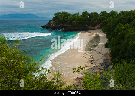 Sull'isola Balinese di Nusa Lembongan si trova la piccola area di spiaggia chiamato Baia a fungo. Un tropicale bellissima spiaggia di sabbia bianca. Foto Stock