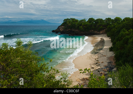 Sull'isola Balinese di Nusa Lembongan si trova la piccola area di spiaggia chiamato Baia a fungo. Un tropicale bellissima spiaggia di sabbia bianca. Foto Stock