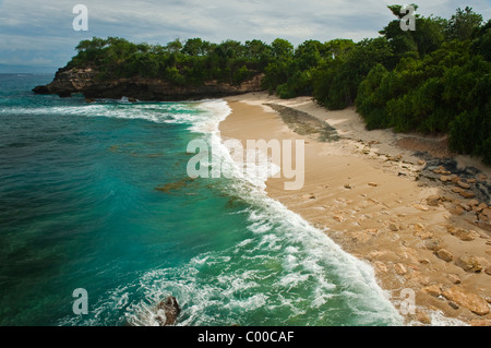 Sull'isola Balinese di Nusa Lembongan si trova la piccola area di spiaggia chiamato Baia a fungo. Un tropicale bellissima spiaggia di sabbia bianca. Foto Stock