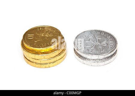 Cioccolato monete denaro isolato su un bianco di sfondo per studio. Foto Stock