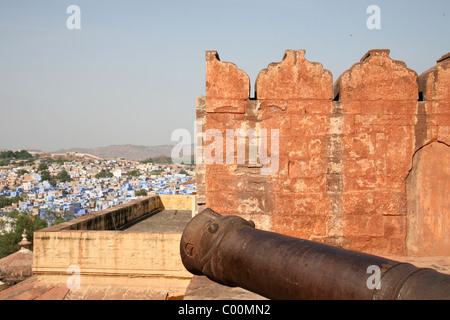 Vista del blu città vecchia da Meherangarh Fort, Jodphur, Rajasthan Foto Stock