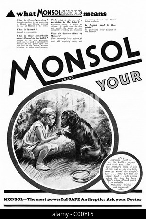 1920s pagina piena annuncio nella rivista di consumatori per MONSOL antisettico Foto Stock