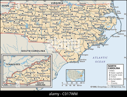 Mappa Politico della Carolina del Nord Foto Stock