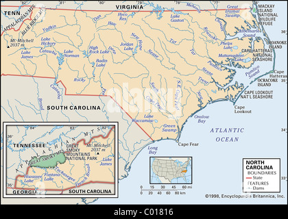Cartina Fisica della Carolina del Nord Foto Stock