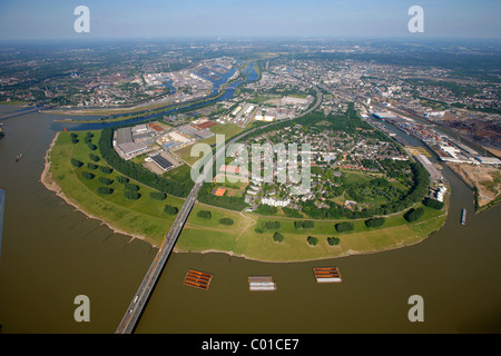 Vista aerea, ansa del fiume Reno, Beekerswerth distretto, Thyssen Krupp impianto siderurgico sito, Rheinbruecke bridge Foto Stock