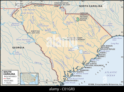 Cartina Fisica della Carolina del Sud Foto Stock
