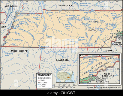 Cartina Fisica del Tennessee Foto Stock