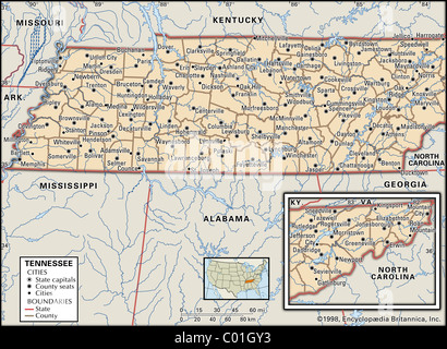 Mappa politico del Tennessee Foto Stock