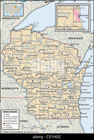 Mappa politico del Wisconsin Foto Stock