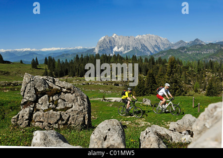 Gli amanti della mountain bike sul Eggenalm pascolo alpino di fronte montagne Wilder Kaiser, Reit im Winkl, Baviera, Germania, Tirolo Foto Stock