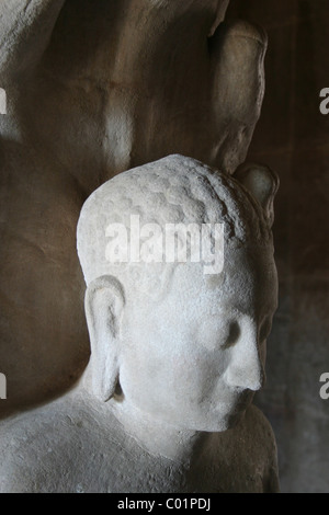 Un Buddha di pietra di testa e sette capo-naga presso l'antica Prasat Hin Phimai palace, Isaan, Thailandia. Foto Stock