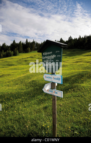 Escursionismo segno, Groeblalm pascoli di montagna vicino a Mittenwald, Karwendelgebirge montagne, Werdenfelser Land area, Alta Baviera Foto Stock