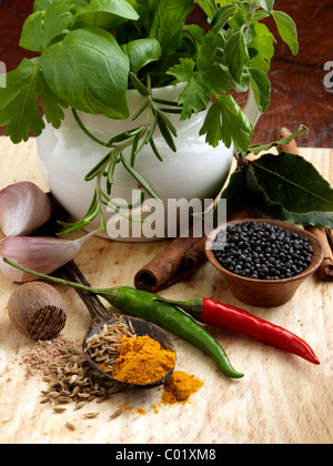 Il basilico Rosmarino foglia di alloro pepe nero in granelli peperoncini di noce moscata curcuma spicchi di aglio e cannella Foto Stock