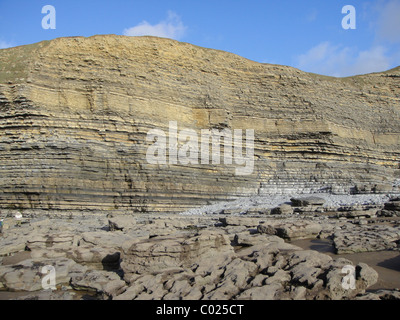 Roccia stratificata scogliera sulla spiaggia in Galles Foto Stock