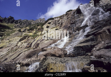 Alti Tatra la cascata "kok' in 'Mlynicka dolina", valle vicino al villaggio turistico il villaggio di Strbske Pleso. Foto Stock