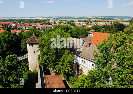 Torre di difesa e merlature con fortificazioni storico, città di Muehlhausen, Unstrut-Hainich-Kreis distretto, Turingia Foto Stock