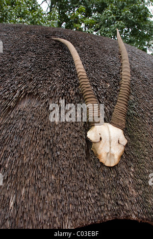 Sud Africa, Durban e la Valle delle mille colline, Phezulu Park. Tradizionale villaggio Zulu, con tetto di paglia di tipica capanna Zulu. Foto Stock