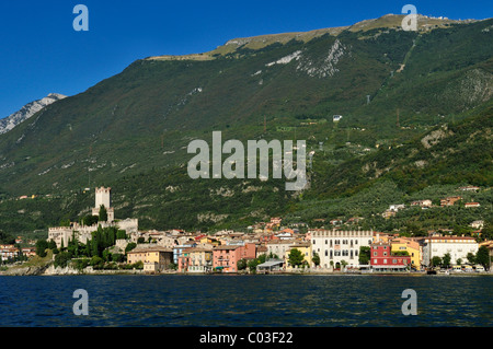 Vista di Malcesine e Monte Baldo, Lago di Garda, Veneto, Veneto, Italia, Europa Foto Stock