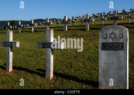 Croci con i nomi dei soldati di origine ebraica nel cimitero militare sulla collina Blutberg, nel retro i Vosgi Foto Stock