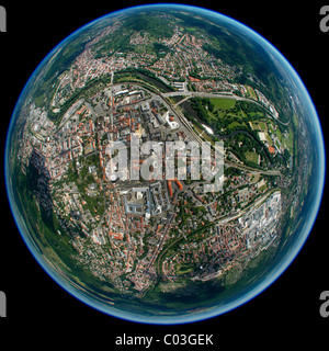 Vista aerea, obiettivo fisheye, sferica panorama, JenTower, Jenoptik impianto, Università di Jena, quartiere Stadtmitte, Jena Foto Stock