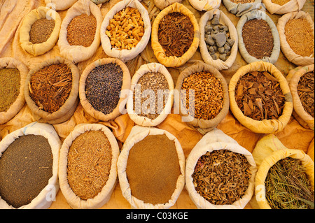 Le spezie in sacchi venduti nei souks, mercato del sud del Marocco, Africa Foto Stock