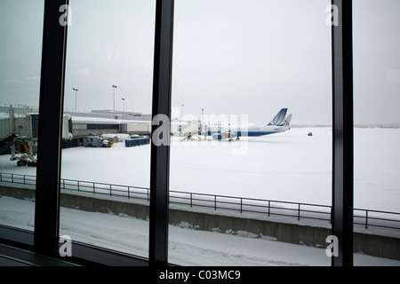 La vista da dentro l'Aeroporto Internazionale di Bradley, chiuso a causa di una forte tempesta di neve è un aereo solitario raccolta di ghiaccio. Foto Stock