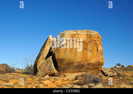 Resistenza agli agenti atmosferici del masso di granito split a causa di estreme fluttuazioni della temperatura, Goegap Riserva Naturale, Namaqualand, Sud Africa Foto Stock