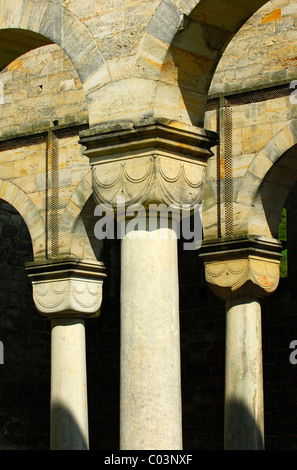 Colonna tonda con un capitello romanico, ex monastero benedettino Paulinzella, Rottenbachtal, Turingia, Germania Foto Stock