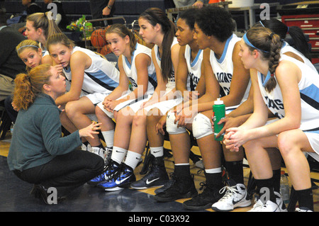 I giocatori di una ragazza high school di gioco di basket ascoltare loro pullman descrivere la strategia Foto Stock