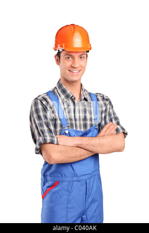 Lavoratore manuale indossare tuta blu e casco Foto Stock