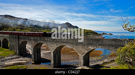 Giacobita treno a vapore, attraversando Loch nan Uamh viadotto, Lochaber, Scotland, Regno Unito Europa Foto Stock