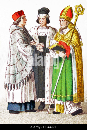 Le figure qui rappresentate sono tedeschi tra A.D. 1450-1500: da sinistra a destra: canon, medico di università, vescovo. Foto Stock