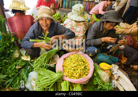 Una donna vendita di verdure fresche al mercato in Siem Reap, Cambogia Foto Stock