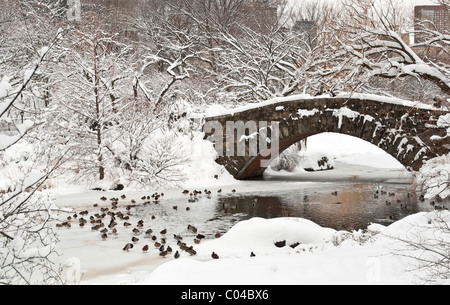 Gapstow Bridge nel Central Park di New York dopo una tempesta di neve Foto Stock