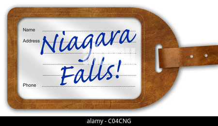 Valigia/bagagli con etichetta "Niagara Falls!' scritto su Foto Stock