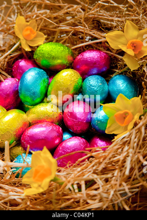 Gruppo di stagnola avvolto di piccole uova di pasqua di cioccolato in vari colori seduta nel fieno di un nido di uccelli su un tavolo in legno di quercia Foto Stock