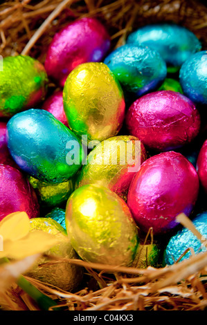 Gruppo di stagnola avvolto di piccole uova di pasqua di cioccolato in vari colori seduta nel fieno di un nido di uccelli su un tavolo in legno di quercia Foto Stock