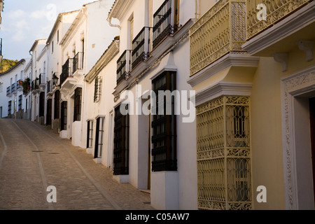 Tradizionale spagnolo torna in ciottoli street / strade / road, & tipici edifici al tramonto nel villaggio bianco di Zahara, Spagna. Foto Stock