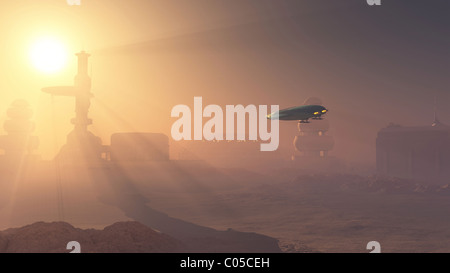 Polveroso di atterraggio su Marte avamposto coloniale Foto Stock