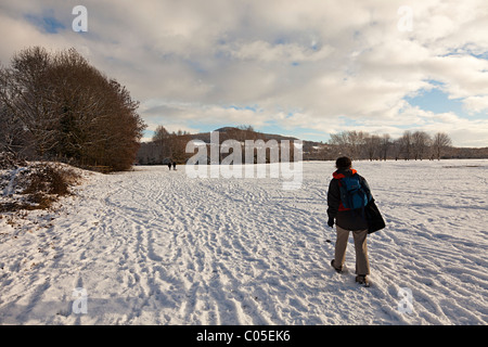 Donna che cammina attraverso nevoso inverno campo sul sentiero alla vicina cittadina di Abergavenny Wales UK Foto Stock