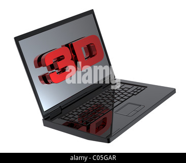Shiny Black portatile con 3D schermo isolato su bianco Foto Stock