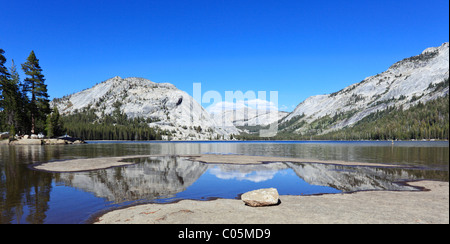 Riflessioni alpina nel Lago Tenaya. Parco Nazionale di Yosemite in Sierra Nevada della California Foto Stock