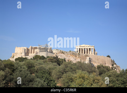 Vista dell'Acropoli e Partenone da Filopappos Hill, Atene, Grecia, Foto Stock