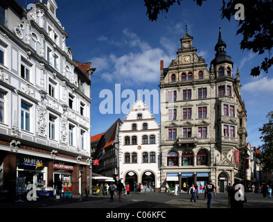 Haus zur Sonne edificio, Haus zur Rose edificio e Haus zum Goldenen Stern edificio sulla piazza Kohlmarkt, Braunschweig Foto Stock