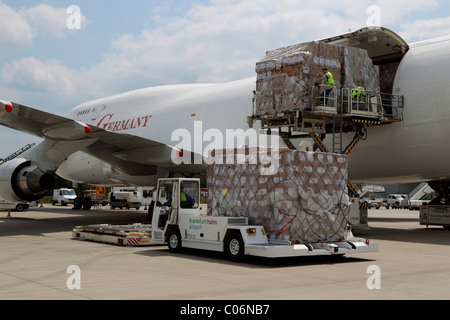 La movimentazione del carico nel vano di carico del Flughafen Frankfurt-Hahn aeroporto, Lautzenhausen, Renania-Palatinato Foto Stock