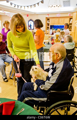 Una donna di carità volontario introduce il suo cane di terapia per un paziente su una sedia a rotelle in una casa di riposo in Mission Viejo, CA Foto Stock