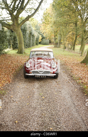 Daimler Vintage auto su una strada privata via tra le foglie di autunno. Foto Stock